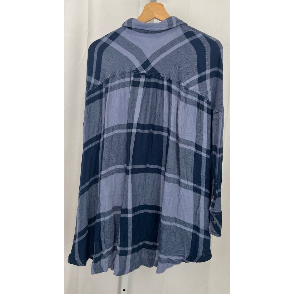 FREE PEOPLE Plaid Button Front Tunic Top Oversize Long Sleeve Shirt Blue Size M - Picture 2 of 10